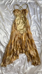 Gold Vintage Floral Satin Applique Spaghetti Straps Chiffon Prom Dress Prom Dress