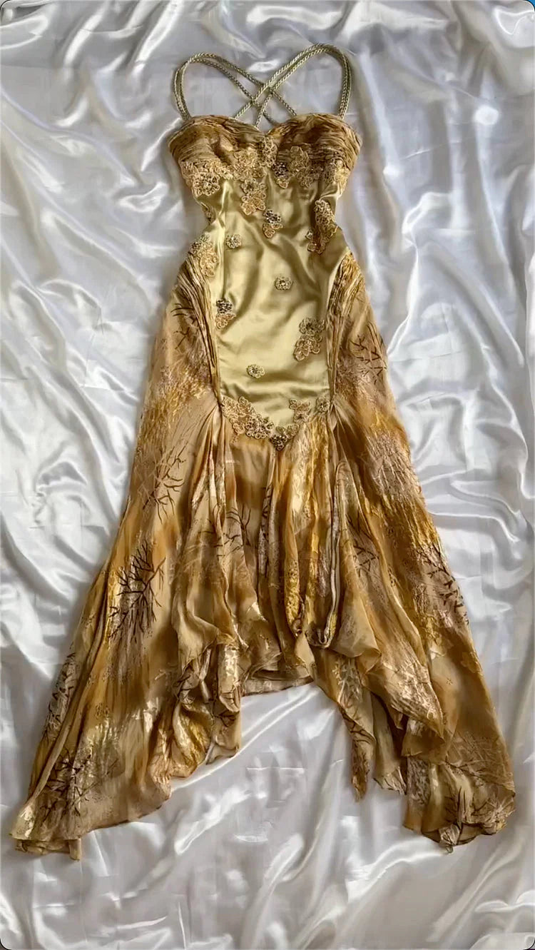 Gold Vintage Floral Satin Applique Spaghetti Straps Chiffon Prom Dress Prom Dress