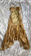 Gold Vintage Floral Satin Applique Spaghetti Straps Chiffon Prom Dress Prom Dress