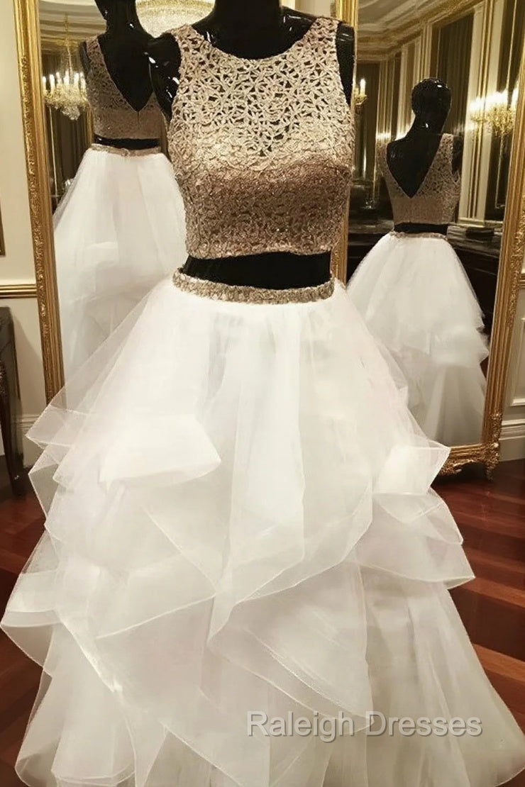 Gold White Ball Gowns Two Piece Tulle Backless Prom Dress Main image