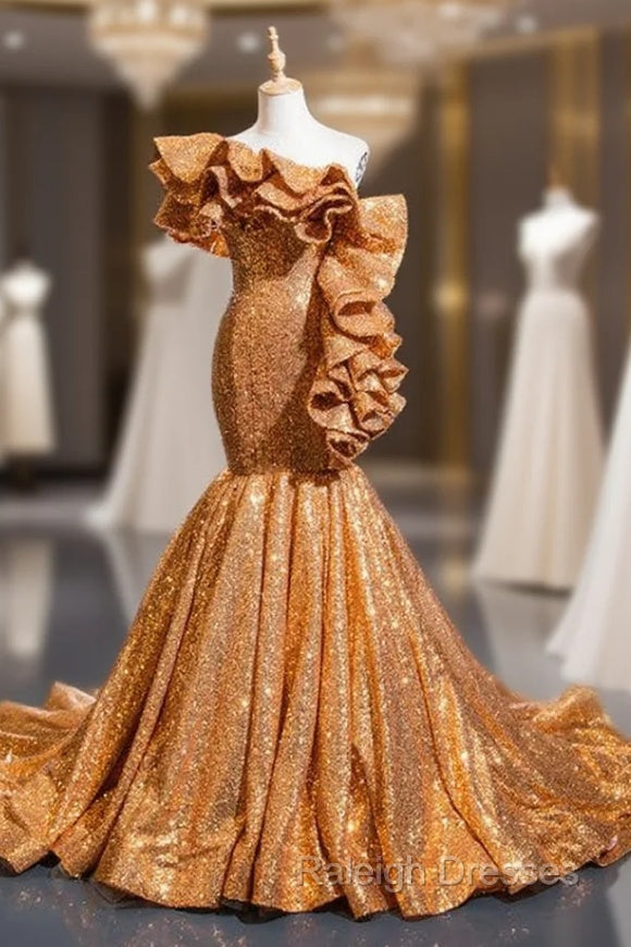 Gold Yellow Mermaid Sequins Asymmetrical Neck Ruffles Prom Dress Main image