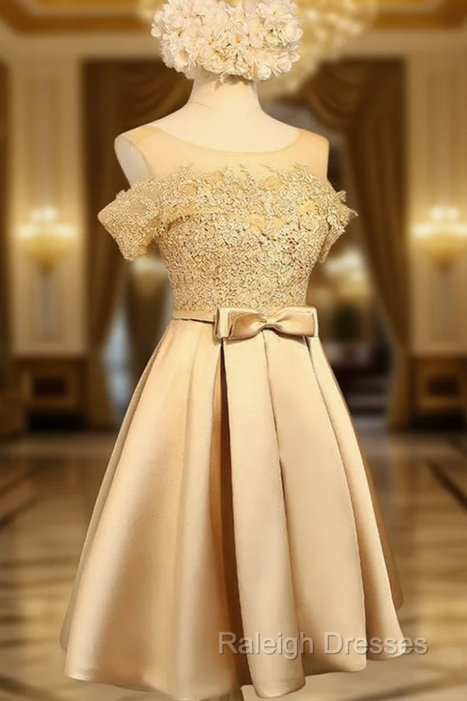 Golden Satin Lace Off Shoulder Short Homecoming Dresses, Knee Length Party Dresses Main image