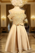 Golden Satin Lace Off Shoulder Short Homecoming Dress Knee Length Prom Dress