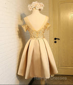 Golden Satin Lace Off Shoulder Short Homecoming Dress Knee Length Prom Dress