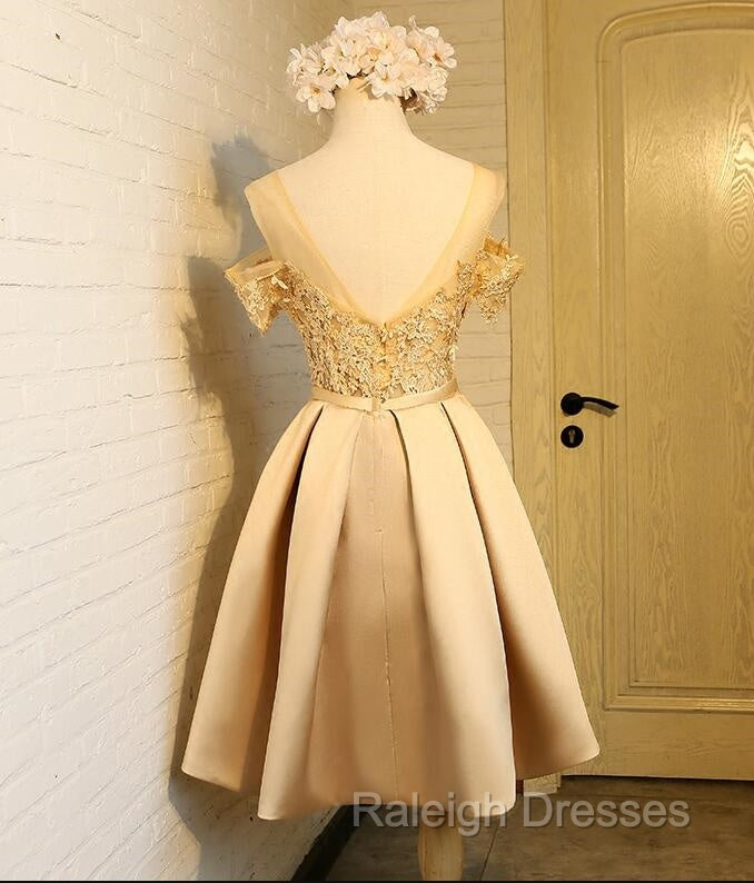 Golden Satin Lace Off Shoulder Short Homecoming Dress Knee Length Prom Dress