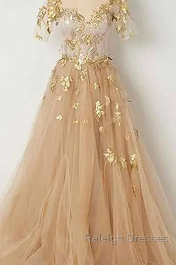 Golden Short Sleeves A-Line Tulle Prom Dress,