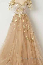 Golden Short Sleeves A-Line Tulle Prom Dresses