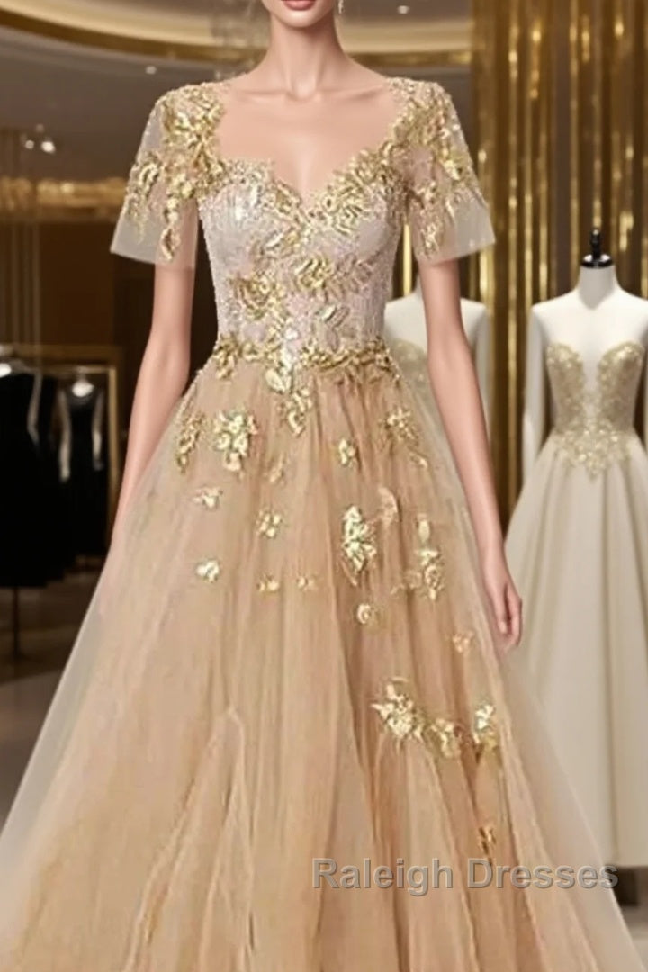 Golden Short Sleeves A-Line Tulle Prom Dress, Main image