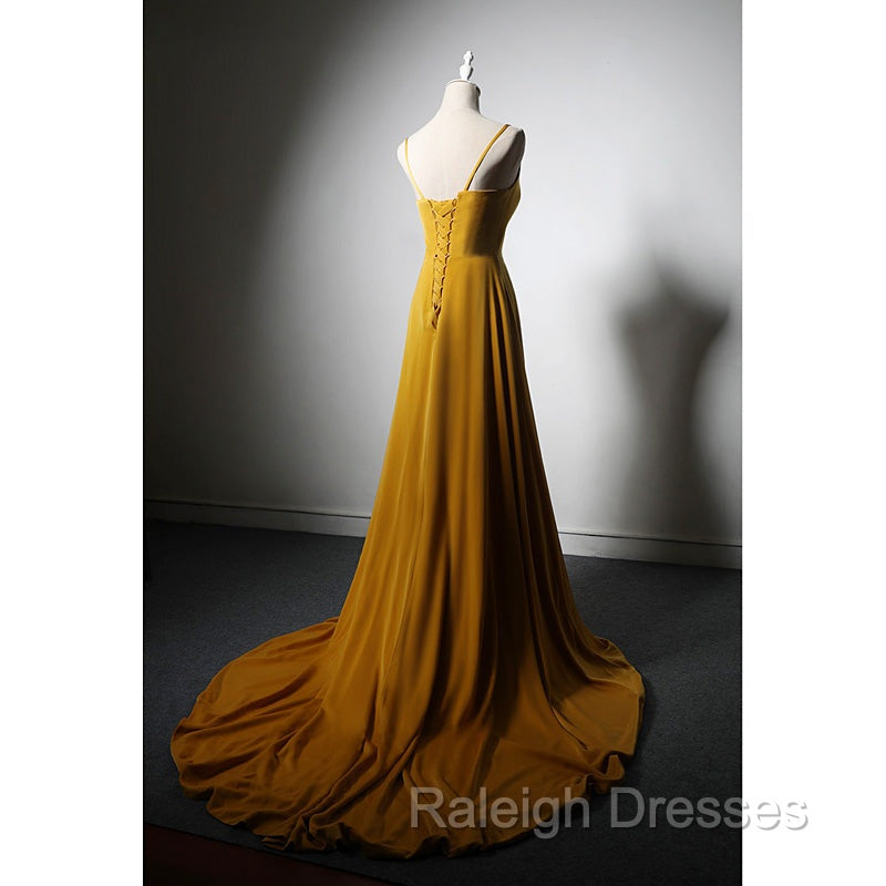 Goleden V-neckline Straps Long Party Dress with Leg Slit, Long Gold Evening Dress Prom Dress