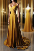 Goleden V-neckline Straps Long Party Dress with Leg Slit, Long Gold Evening Dress Prom Dress