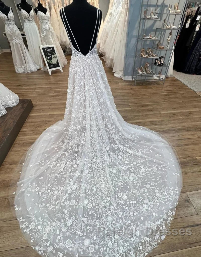 Gorgeous A-Line Deep V-Neck Open Back Chapel Train Wedding Dresses Secondary image