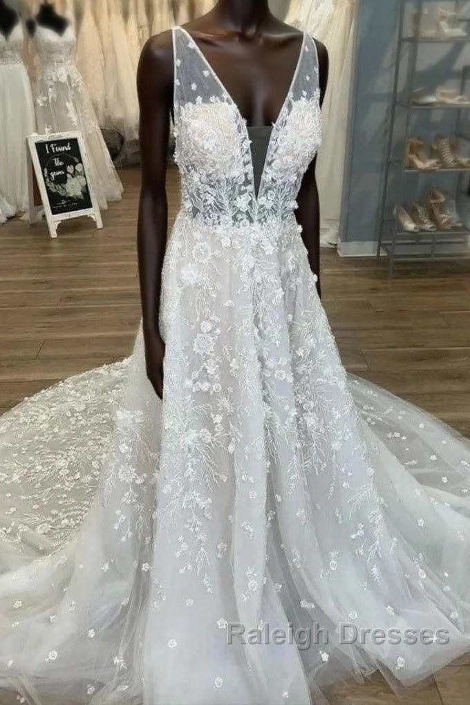Gorgeous A-Line Deep V-Neck Open Back Chapel Train Wedding Dresses Main image