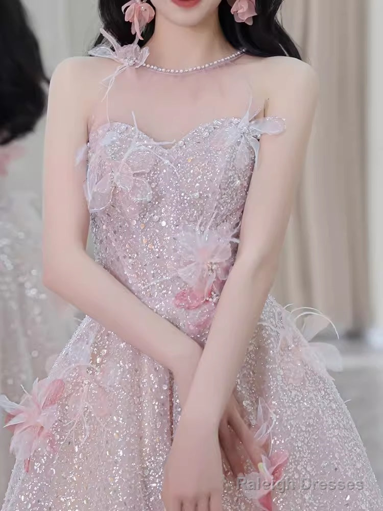 Gorgeous A Line High Neckline Sequin Pink Prom Dress