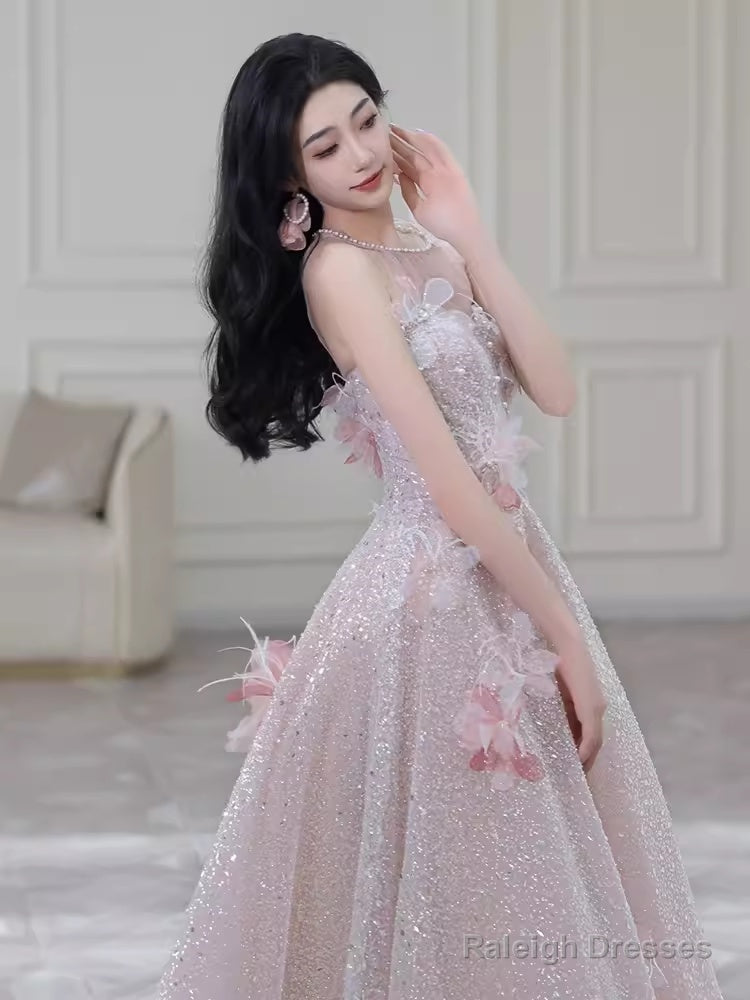 Gorgeous A Line High Neckline Sequin Pink Prom Dress