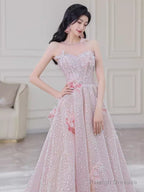Gorgeous A Line High Neckline Sequin Pink Prom Dress
