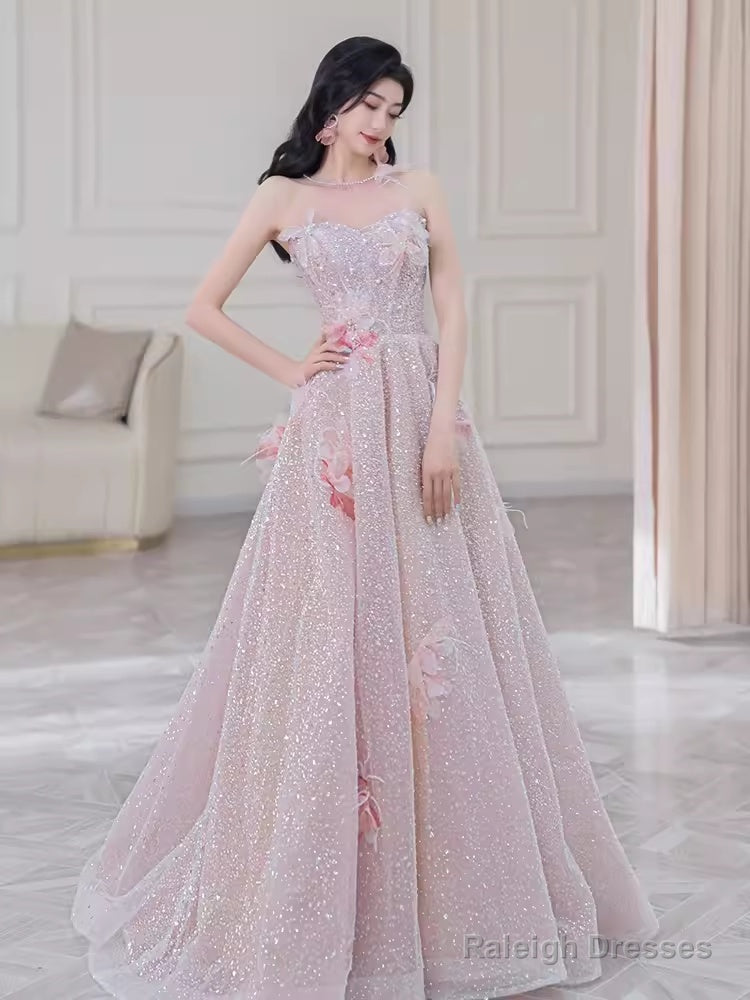 Gorgeous A Line High Neckline Sequin Pink Prom Dress Main image