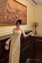 Gorgeous A-Line Long Sleeves White Lace Date Night Dresses Prom Dress Birthday Outfits
