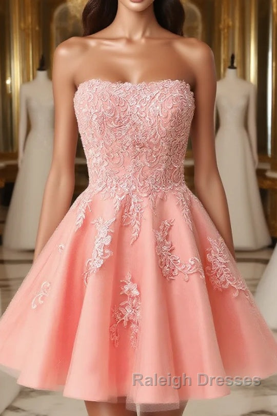 Gorgeous Pink A Line Short Mini Tulle Homecoming Dresses With Appliques Main image