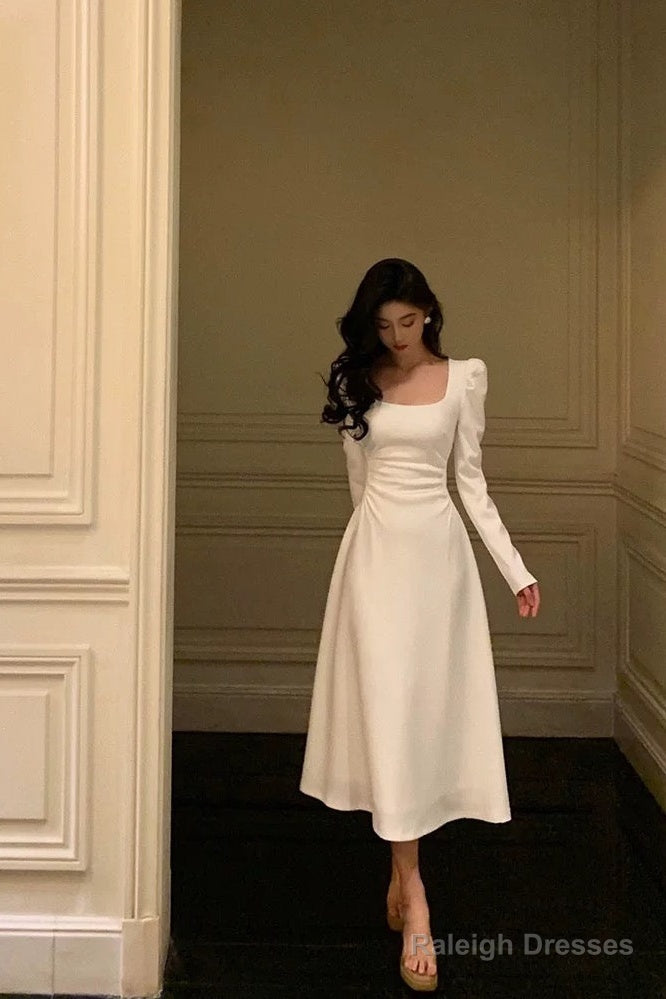 Gorgeous A Line Square Neckline Long Sleeves Date Night Dress White Prom Dresses Birthday Outfits Main image