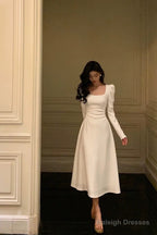 Gorgeous A Line Square Neckline Long Sleeves Date Night Dress White Prom Dresses Birthday Outfits