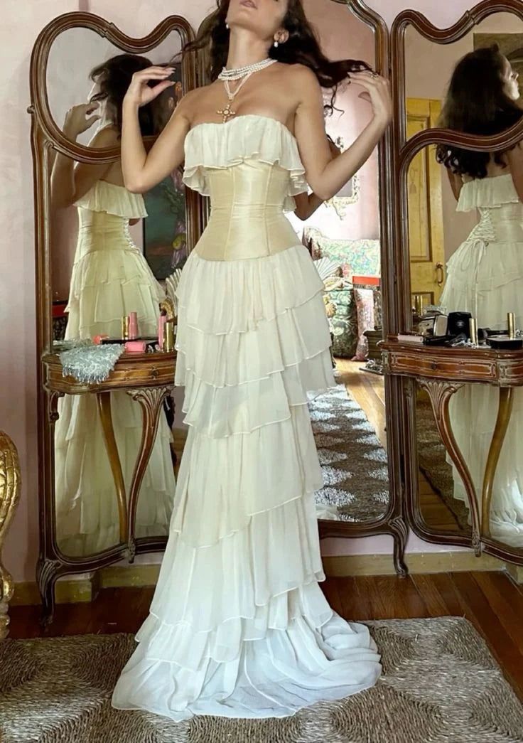 Gorgeous A-Line Strapless Chiffon Prom Dress Long Prom Dresses