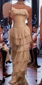 Gorgeous A-Line Strapless Chiffon Prom Dress Long Prom Dresses