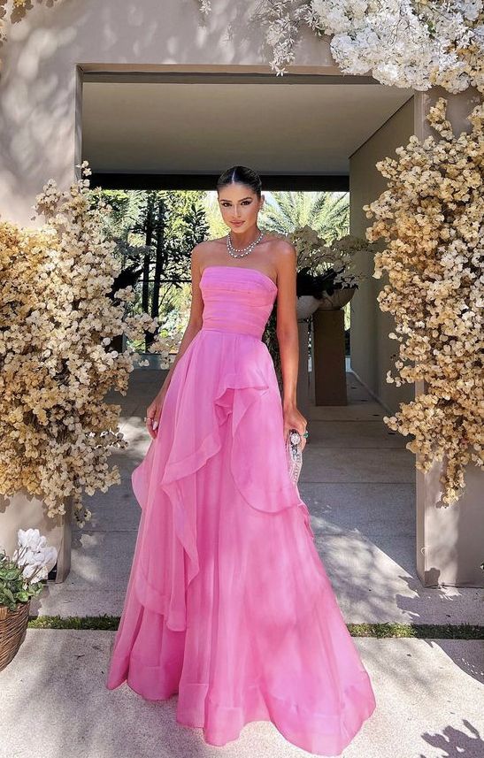 Gorgeous A-Line Strapless Pink Long Prom Dresses