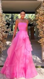 Gorgeous A-Line Strapless Pink Long Prom Dresses