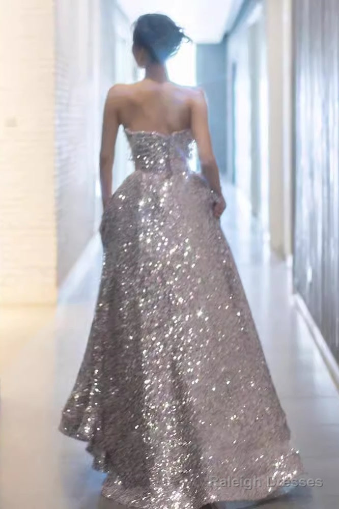 Gorgeous A Line Strapless Sequin Silver Prom Dress