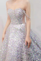 Gorgeous A Line Strapless Sequin Silver Prom Dress
