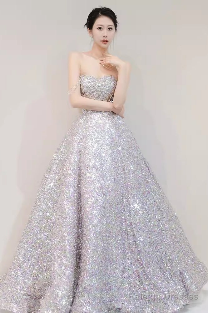 Gorgeous A Line Strapless Sequin Silver Prom Dress