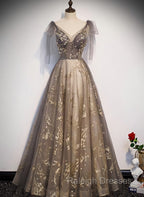 Gorgeous A-line V-neckline Long Party Dress Prom Dress, Lace Evening Dresses