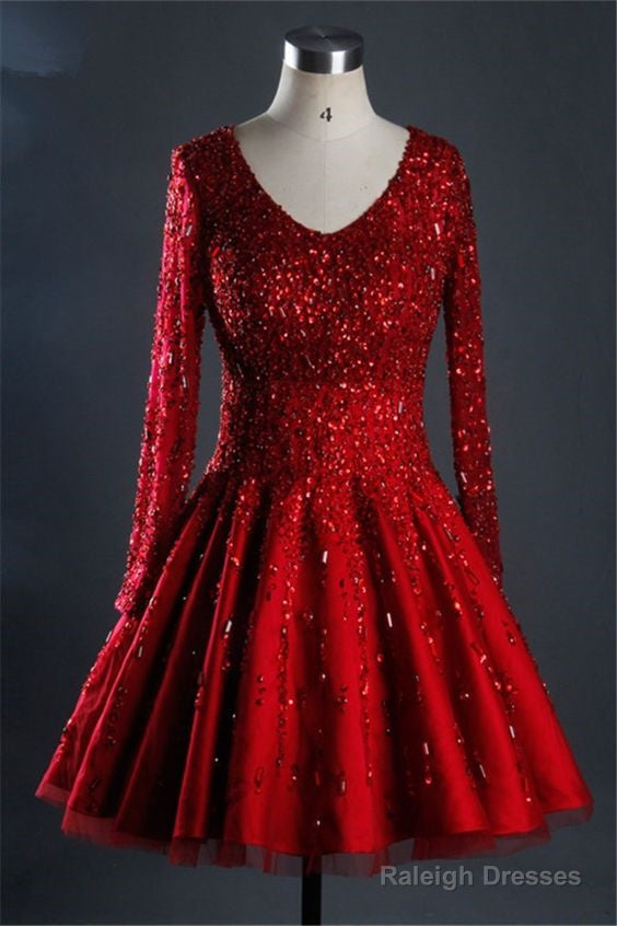 Gorgeous Ball Gowns Short Red Satin Tulle Beaded Dresses With Sleeves Homecoming Dress Main image