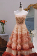 Gorgeous Balll Gown Strapless Tulle Pink Ruffles Long Evening Dress Prom Dresses