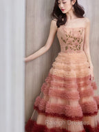 Gorgeous Balll Gown Strapless Tulle Pink Ruffles Long Evening Dress Prom Dresses