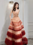 Gorgeous Balll Gown Strapless Tulle Pink Ruffles Long Evening Dress Prom Dresses