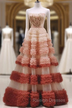Gorgeous Balll Gown Strapless Tulle Pink Ruffles Long Evening Dress Prom Dresses