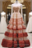 Gorgeous Balll Gown Strapless Tulle Pink Ruffles Long Evening Dress Prom Dresses