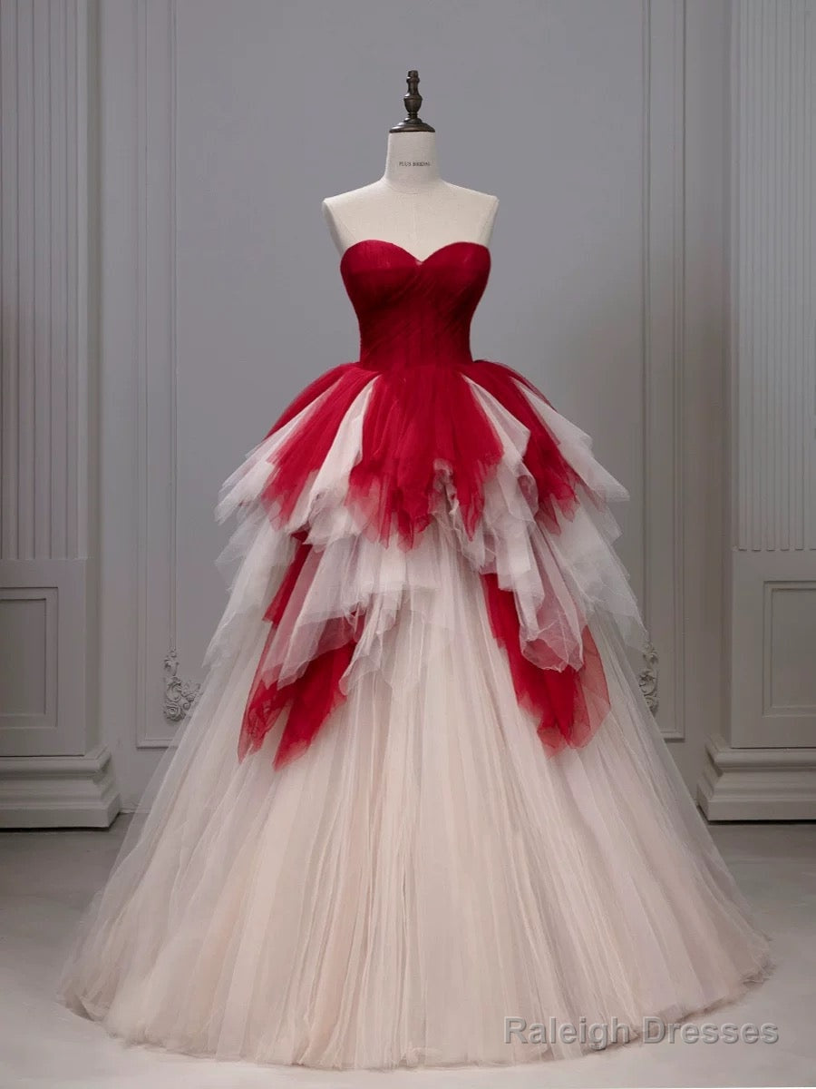 Gorgeous Balll Gown Sweetheart Red Tulle Ruffles Long Evening Dress Prom Dresses Main image