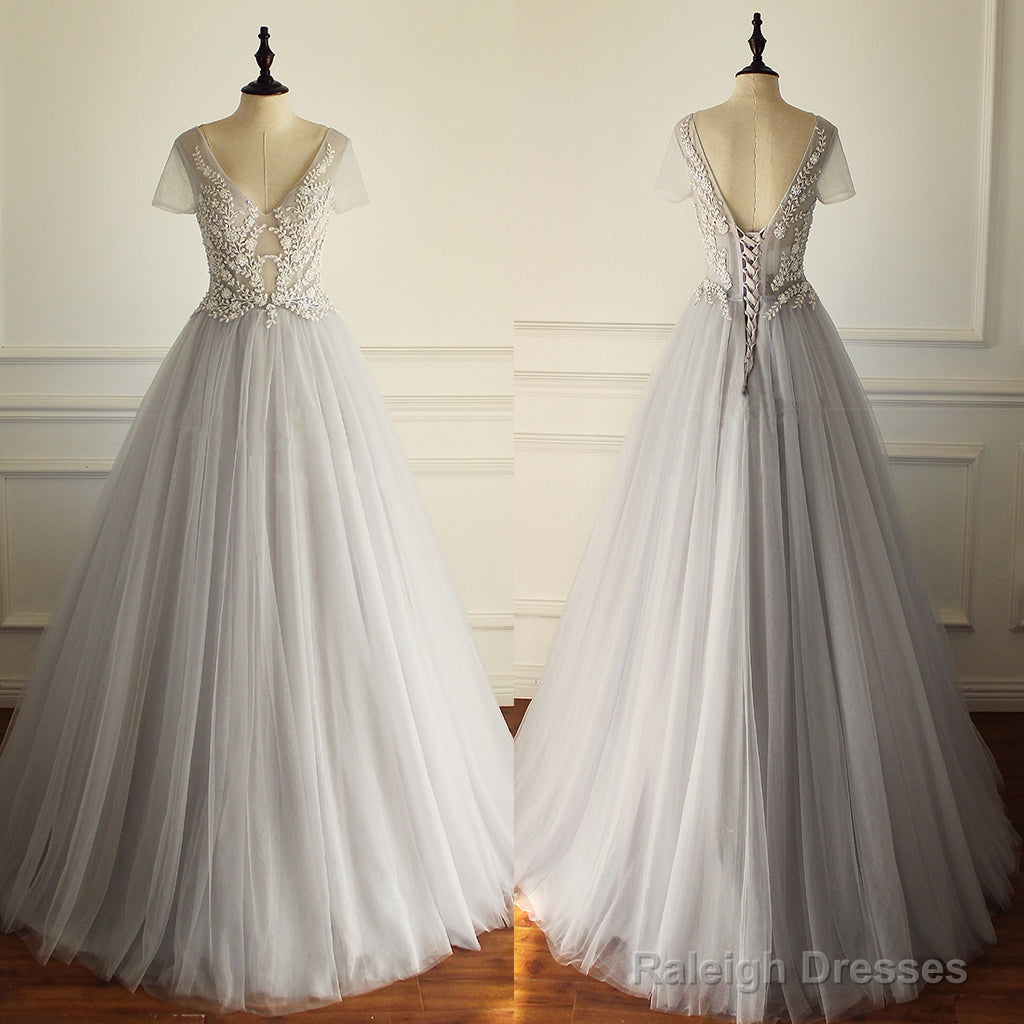 Gorgeous Beading Appliques Unique Gray Tulle A-Line Short Sleeve Lace Up Back Wedding Dress Main image