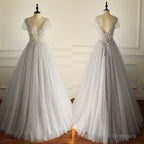 Gorgeous Beading Appliques Unique Gray Tulle A-Line Short Sleeve Lace Up Back Wedding Dress