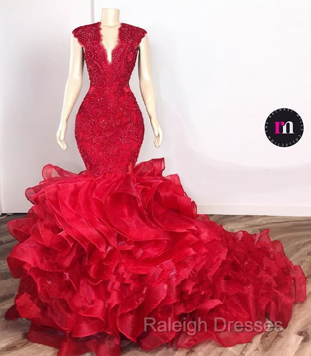 Gorgeous Beads Appliques Red Prom Dresses Ruffles Fit and Flare Alluring Evening Gowns Secondary image
