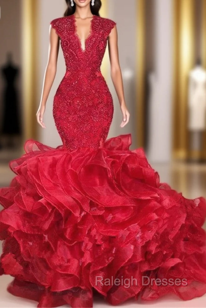 Gorgeous Beads Appliques Red Prom Dresses Ruffles Fit and Flare Alluring Evening Gowns Main image