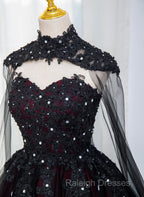 Gorgeous Black And Red Tulle Ball Gown Sweet 16 Dress With Cape, Long Prom Dress