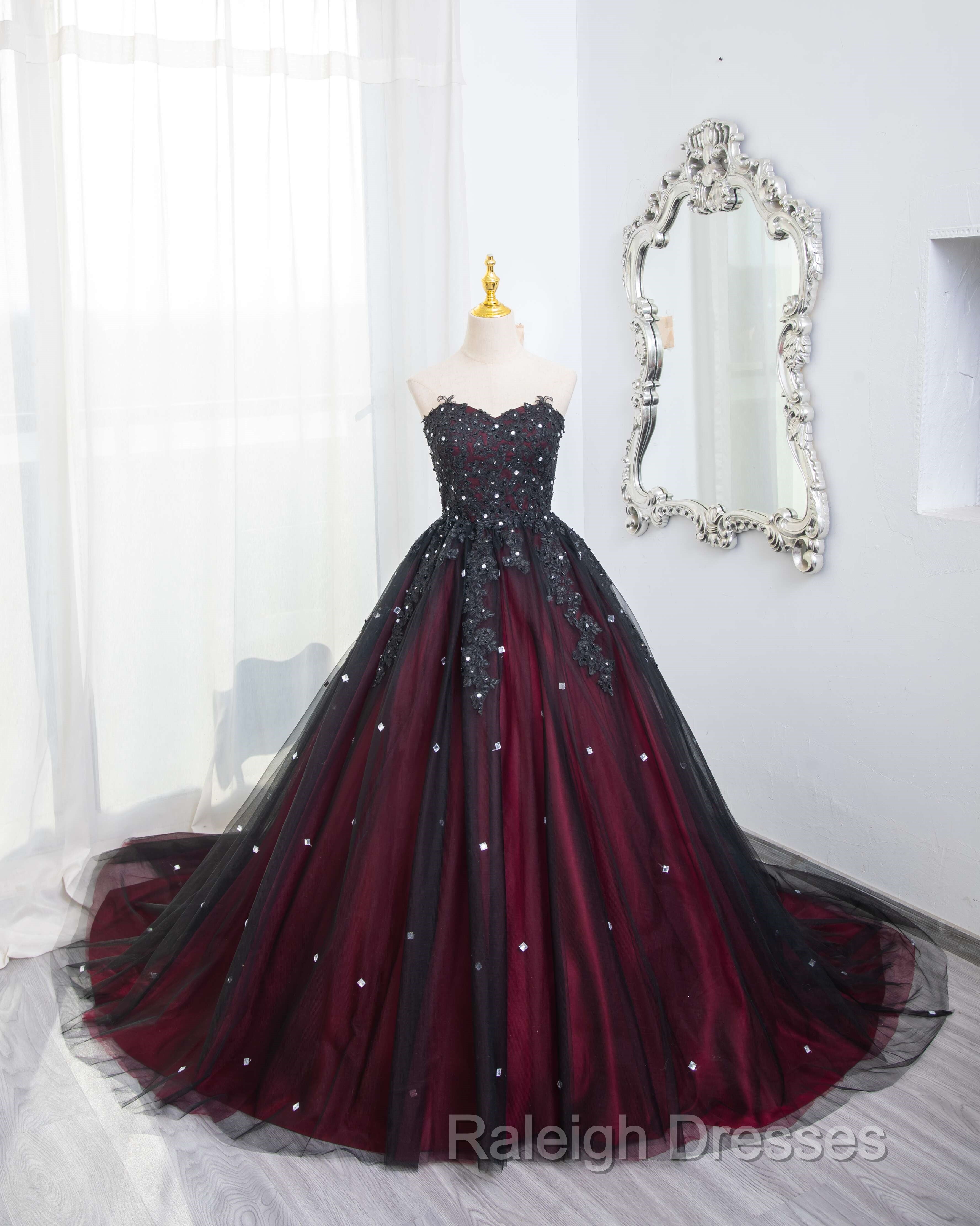 Gorgeous Black And Red Tulle Ball Gown Sweet 16 Dress With Cape, Long Prom Dress