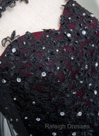 Gorgeous Black And Red Tulle Ball Gown Sweet 16 Dress With Cape, Long Prom Dress