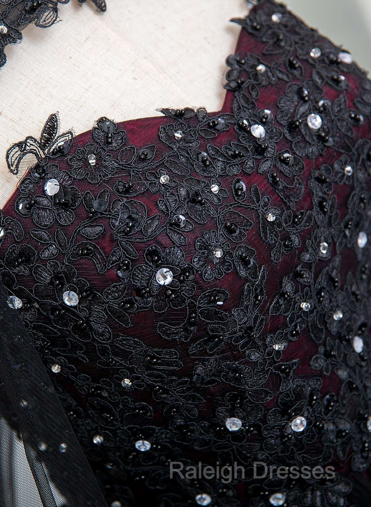 Gorgeous Black And Red Tulle Ball Gown Sweet 16 Dress With Cape, Long Prom Dress