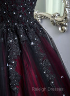 Gorgeous Black And Red Tulle Ball Gown Sweet 16 Dress With Cape, Long Prom Dress