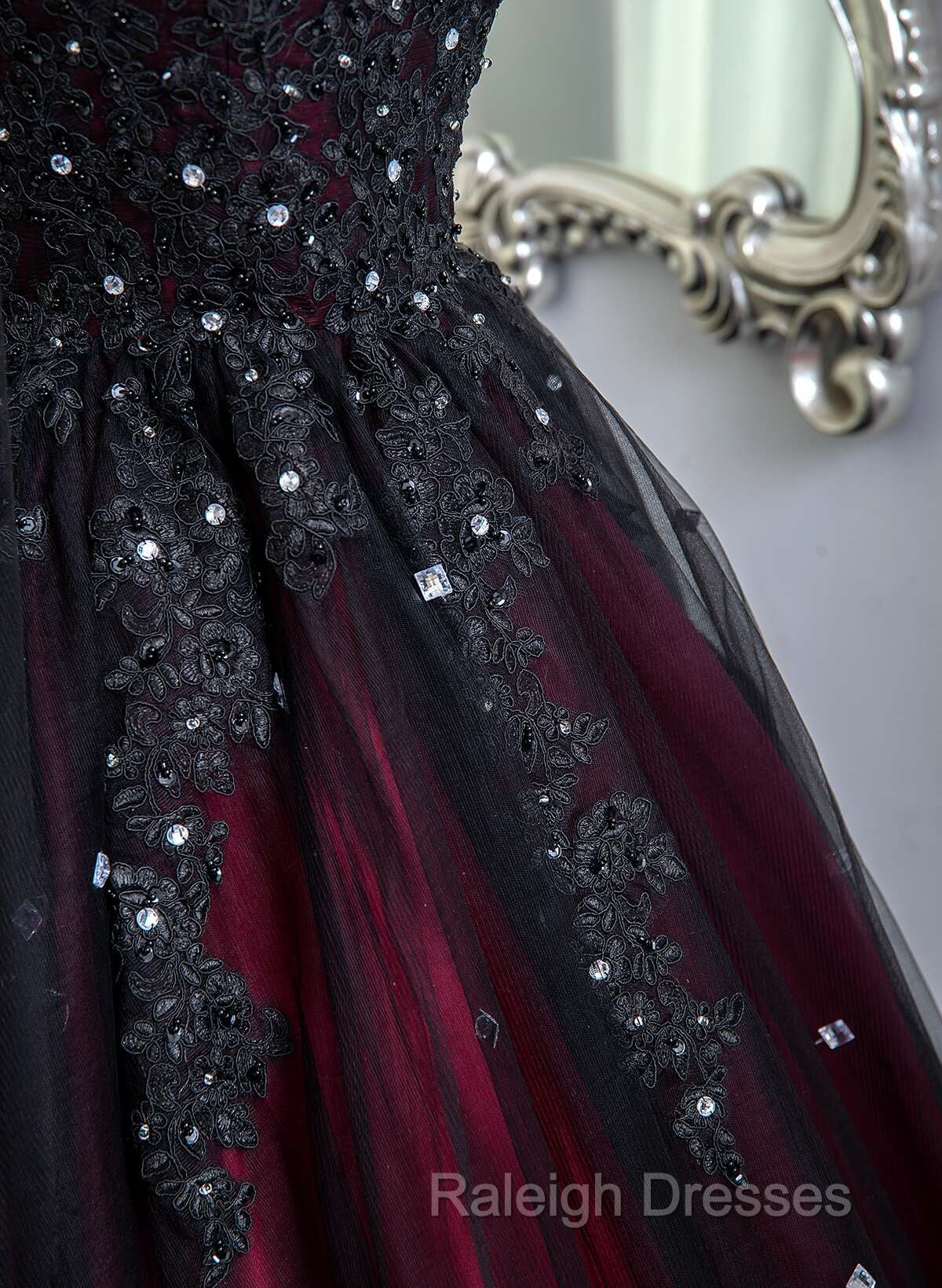 Gorgeous Black And Red Tulle Ball Gown Sweet 16 Dress With Cape, Long Prom Dress