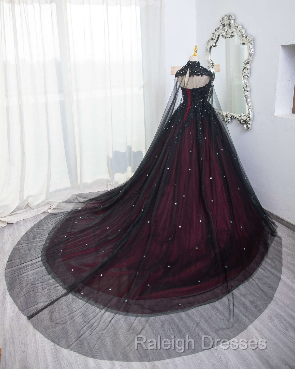 Gorgeous Black And Red Tulle Ball Gown Sweet 16 Dress With Cape, Long Prom Dress